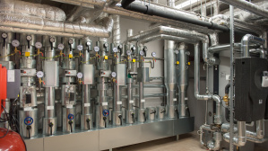 Zentrale Heizungsanlage mit Versorgungsrohren und Druckmessern