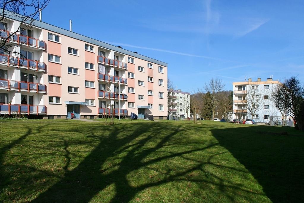 Mehrere Häuser mit 4 Etagen, Flachdächern. Vorne Wiese. Mehrere Häuser mit 4 Etagen, Flachdächern. Vorne Wiese.