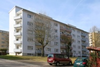Hellgraues Gebäude mit fünf Wohnetagen, Balkonseite, davor hohe Bäume.