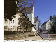 Fotomontage Wohnhäuser auf dem Wackenberg: Links eine Schwarz-Weiß-Aufnahme, rechts Farbaufnahme von drei Wohnhäusern heute.