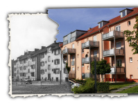 Fotomontage Bülowstraße 9-19: Links ein Schwarz-Weiß-Foto mit Klappläden, rechts eine Farbaufnahme der sanierten Gebäudezeile mit angebauten Balkonen, farbenfroher Fassade und neuem Dach.