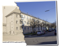 Fotomontage Gebäudezeile im Grünwen U im oberen Malstatt. Links eine alte Schwarz-Wei-Aufnahme, rechts die sanierte Zeile mit neuen Dächern und Bäumen in den Vorgärten.