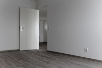Wohnraum mit Blick zur Zimmertür. Der Vinylbodenbelag ist im Farbton Eiche gekalkt gehalten.