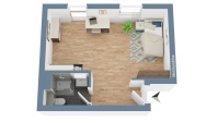 3D-Vermarktungsgrundriss möbliert Wohnraum mit Küchenzeile und Bad