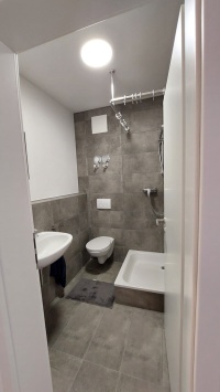 innenliegendes Bad mit Dusche, WC und Waschtisch. Dunkel geflammte, großformatige Fliesen.