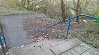 Treppe mit Müll, rechts Gehölz und Grünstreifen mit Laub